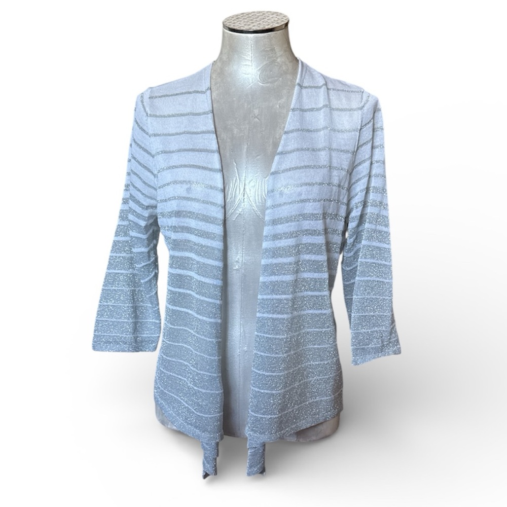 Chico's Women’s Lightweight Cardigan Metallic Silver White Stripes Sparkly M/8
